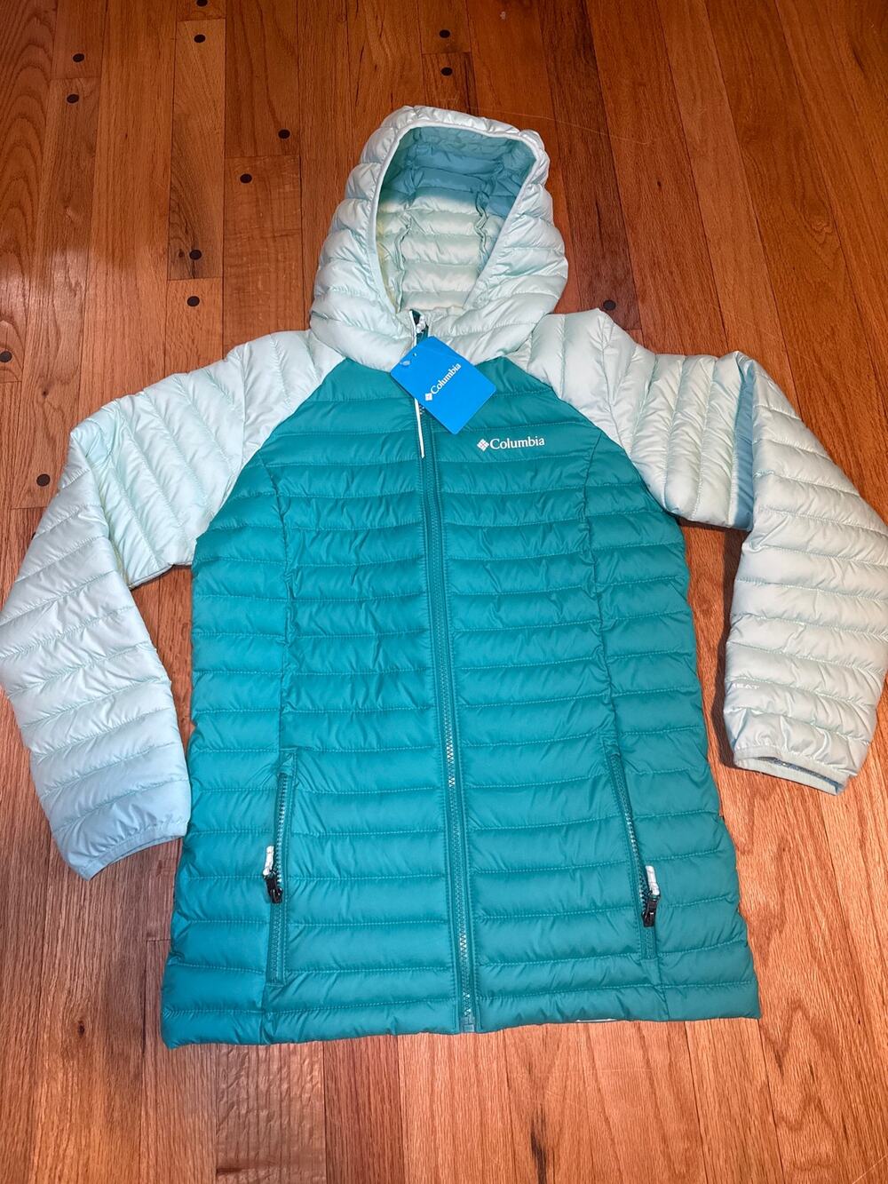 NEW Columbia White Out Hooded Jacket Girls L Teal Omni-Heat Puffer Coat NWT